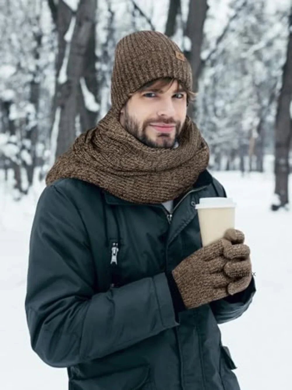Winter Hat Scarf Gloves Set Knitted Ribbed Beanie Gift
